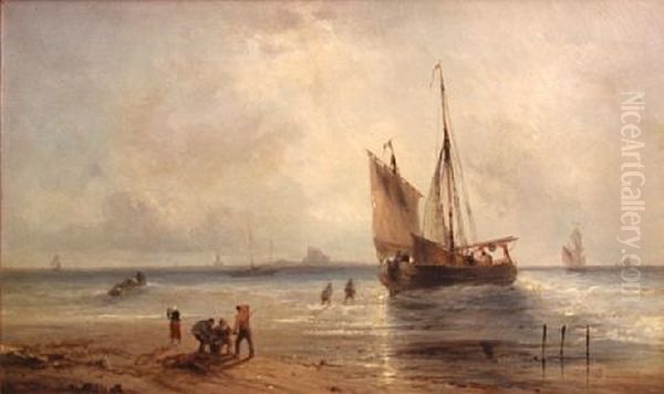 Boats Off Shore With Figures On The Beach - view 1
