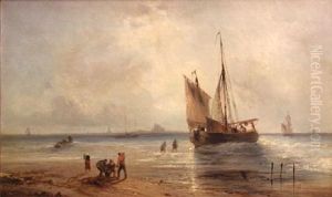 Boats Off Shore With Figures On The Beach