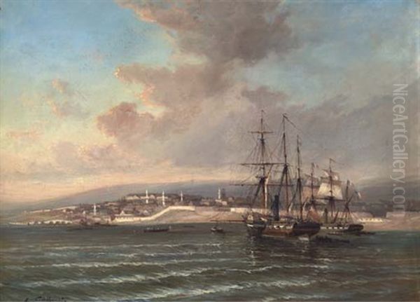 Two Paddle Frigates, One French, Sending Men Ashore To A North African Port - view 1