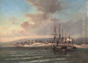 Two Paddle Frigates, One French, Sending Men Ashore To A North African Port by Andre Foneche