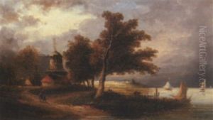 Windmill On Coast With Boats by Andre Foneche