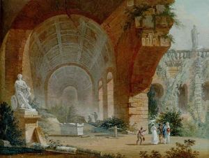 Roman Ruins With Tourists Guided By A Cicerone, The Ludovisi Mars In The Foreground by Pierre Francois Leonard Fontaine