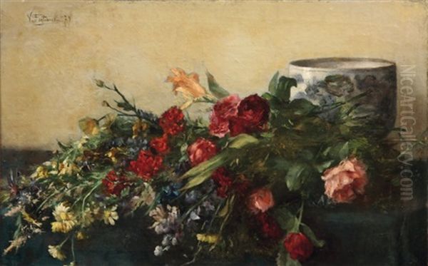 Fleurs Et Vase Sur Un Entablement - view 1