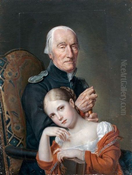 Portrait D'un Ancien Capitaine Chevalier De L'ordre De Saint Louis Age De 70 Ans Avec Sa Petite Fille - view 1