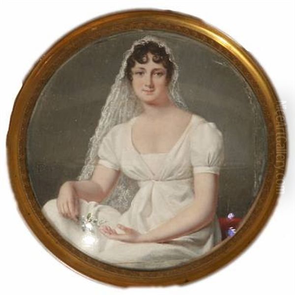Portrait Of A Young Bride In White Gown And Veil With A Blooming Myrtle In Her Right Hand - view 1