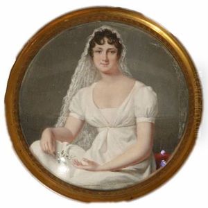 Portrait Of A Young Bride In A White Gown And Veil With A Blooming Myrtle In Her Right Hand by Jean Francois Gerard Fontallard