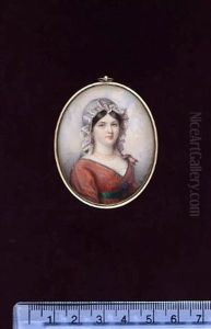 A Lady Wearing Rust-coloured Dress With Green Trim And Blue Flower Tucked Into Her Matching Waistband, Gold Necklace, Coral Pendent Earrings And White Bonnet Trimmed With Checked Ribbon by Jean Francois Gerard Fontallard