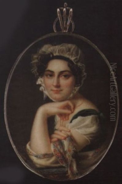 A Lady Leaning On A Plinth, Wearing A Green Velvet Dress With White Underdress And Patterned Shawl, A White Bonnet Over Her Curled Brown Hair, Her Left Hand Holding A Gold Chain At Her Neck - view 1