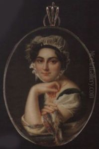 A Lady Leaning On A Plinth, Wearing A Green Velvet Dress With White Underdress And Patterned Shawl, A White Bonnet Over Her Curled Brown Hair, Her Left Hand Holding A Gold Chain At Her Neck
