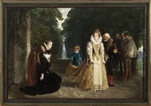 Scene Med Den Knaelende Marie Stuart Med Hofdame Foran Elizabeth I Og Hendes Folge by Ernesto Fontana