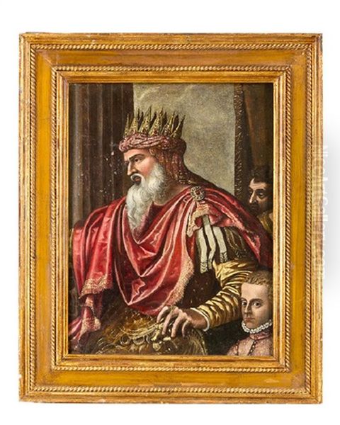 A King With Some Court Members In Front Of A Curtain - view 1