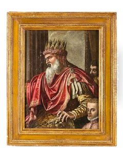 A King With Some Court Members In Front Of A Curtain