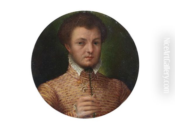 Portrait Of A Gentleman, Bust-length, In A Red And Yellow Brocade Jacket, With A Lace Collar - view 1