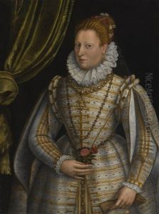 Portrait Of A Lady, Three-quarter Length, Dressed In A White And Gold Embroidered Gown, Holding A Glove In One Hand And A Rose And A Pink In The Other