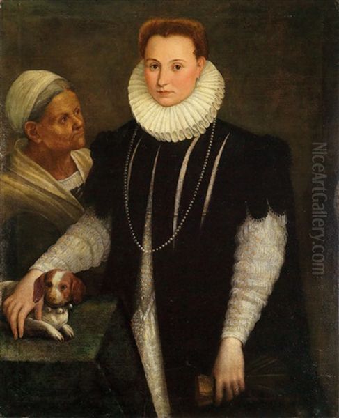 Portrait Of A Noblewoman With A Servant And Small Dog - view 1