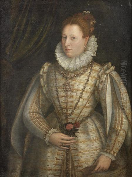 Portrait Of A Noble Lady, Three-quarter Length, In A White And Gold Embroidered Dress - view 1