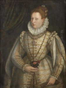 Portrait Of A Noble Lady, Three-quarter Length, In A White And Gold Embroidered Dress