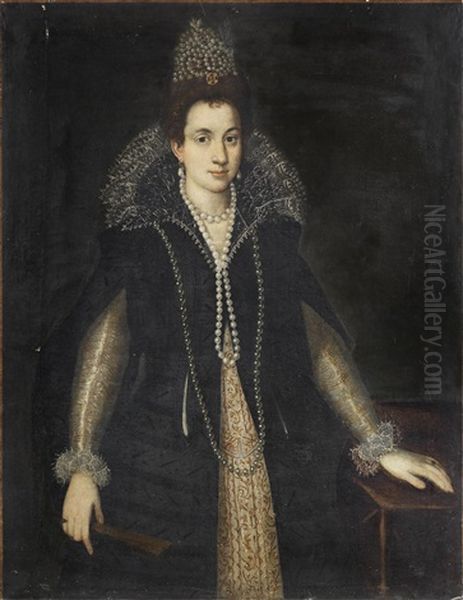 Portrait Of A Lady, Three-quarter-length, In A Black Embroidered Dress, Standing Beside A Table - view 1