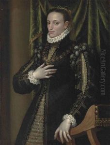 Portrait Of A Lady, Three-quarter-length, In A Richly Embroidered Gold And Silver Thread Dress, A Black Coat With Slashed Sleaves, A Ruff