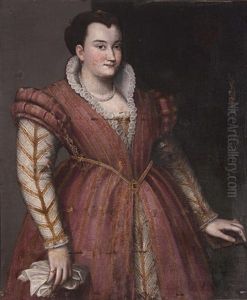 A Portrait Of A Noblewoman, Three-quarter Length, Wearing A Gold And Red Brocade Dress