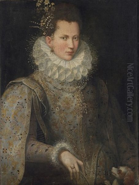 Portrait Of A Lady In An Embroidered Gown And White Collar, With A Dog - view 1