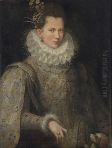 Portrait Of A Lady In An Embroidered Gown And White Collar, With A Dog