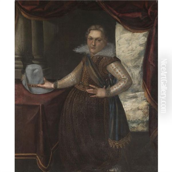 Portrait Of A Gentleman Standing By A Table In An Interior And Wearing A Richly Embroidered Costume - view 1
