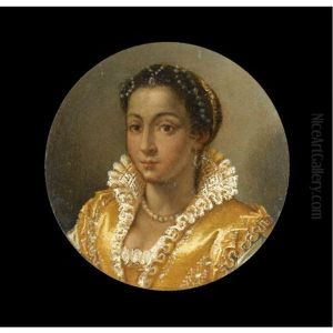 Portrait Of A Girl In A Yellow Silk Dress With A Lace Collar, Wearing A Pearl Necklace And String Of Pearls In Her Hair by Lavinia Fontana