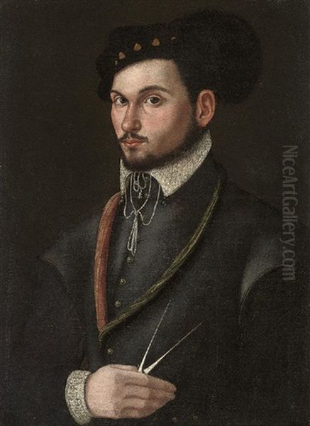 Portrait Of A Navigator In A Black Doublet And A Plumed Hat, A Pair Of Compasses In His Right Hand - view 1