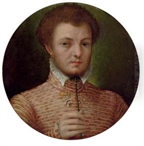 Portrait Of A Gentleman In A Red And Yellow Brocade Jacket, With A Lace Collar by Lavinia Fontana