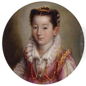 Portrait Of A Girl In A Pink Embroidered Dress, Wearing A Coral Necklace