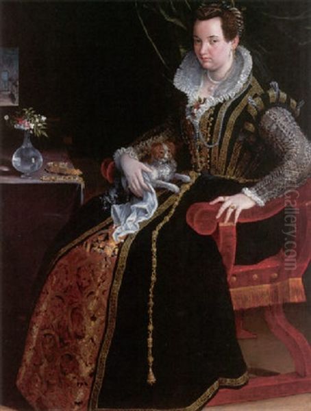 A Portrait Of Costanza Alidosi Seated And Holding A Small Dog, A Still Life Of A Vase Of Flowers And Jewelry - view 1