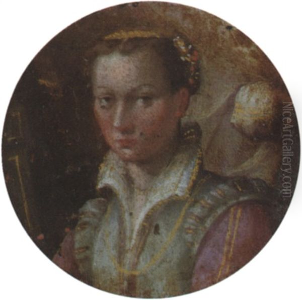 Portrait Of A Girl, In A Green Dress With Pink Sleeves - view 1