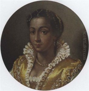 Portrait Of A Girl In A Yellow Silk Dress With A Lace Collar, A Pearl Necklace And String Of Pearls In Her Hair by Lavinia Fontana
