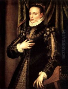 A Portrait Of A Lady Standing, Three Quarter Length Before A Draped Curtain, Her Left Hand Resting On The Arm Of A Chair by Lavinia Fontana