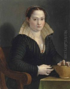 Portrait Of A Lady, Half-length, In A Black Silk Dress With A White And Gold Standing Flared Collar And A Veil, Her Left Hand Resting On A Basket