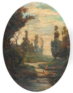 Badende In Einer Bewaldeten Flusslandschaft by Antonio Fontanesi