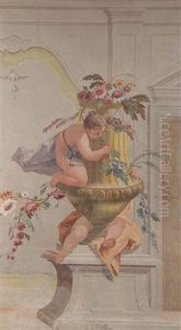 Gioco Di Putti Intorno A Vaso Con Fiori Su Sfondo Di Architetture by Francesco Salvator Fontebasso