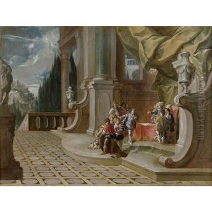 Passing Of Power In A Palace With The Name Of Jesus In The Upper Right by Francesco Salvator Fontebasso