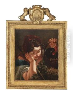 A Young Girl Holding A Hen In A Basket In Her Left Hand A Young Girl Holding A Hen In A Basket In Her Left Hand