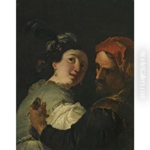 A Bearded Man Embracing A Young Woman Whilst Holding A Money-bag by Francesco Salvator Fontebasso