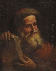 A Bearded Man In A Fur Cap Holding A Book by Francesco Salvator Fontebasso