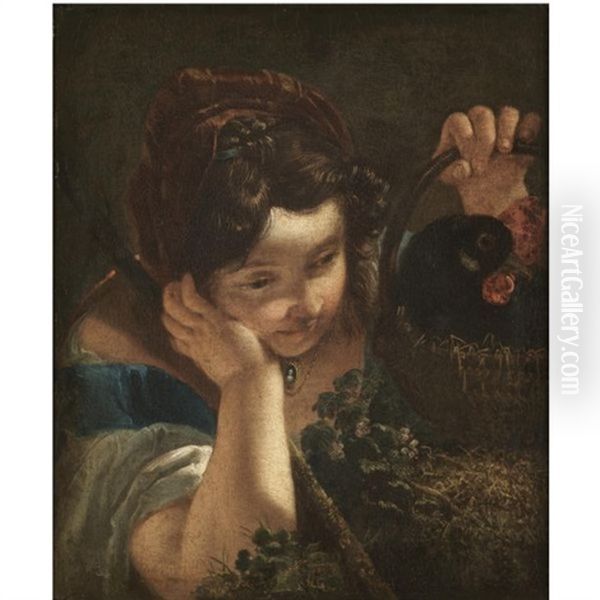 A Young Girl Holding A Cockerel In A Basket - view 1
