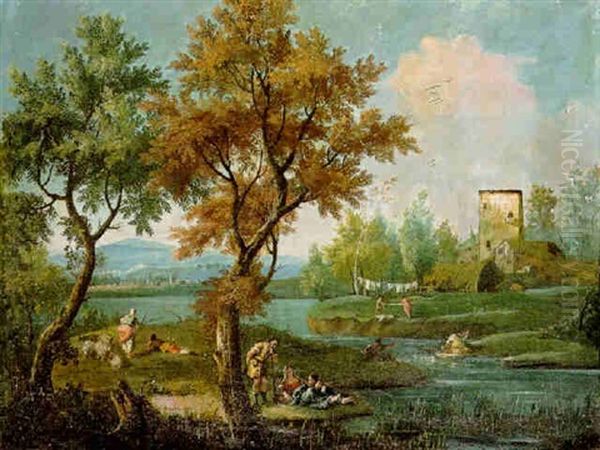 Italianate River Landscape With Peasants - view 1