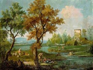 Italianate River Landscape With Peasants