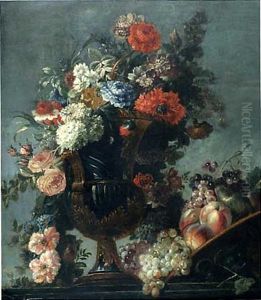 Nature Morte Au Vase Et Fleurs Et Coupe De Fruits