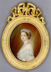 Empress Eugenie, In White Silk Dress With Lace Detail And Ribbons Tied Off The Shoulder, Five Strand Long Pearl Necklace, Pearl Tiara And Falling White Ribbon In Her Upswept Brown Hair by Louis Henri De Fontenay