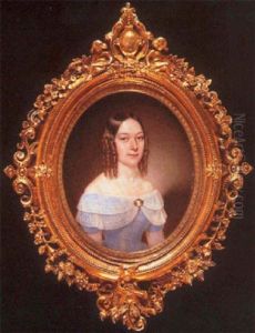 Portrait Of A Young Lady In Pale Blue Dress With Wide, White Lace Collar, A Cameo Brooch At Her Corsage