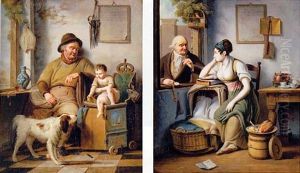 A Small Child, A Man And A Dog In An Interior (+ A Young Mother Seated Next To A Cradle In An Interior Listening To An Old Man At An Open Window Nearby; Pair) by Pieter Fonteyn