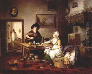 A Kitchen Interior With A Mother Holding A Plate Of Fish, A Baby Sleeping In A Cradle, And A Woman Holding A Bucket Of Fish Standing Next To A Table, A View Of The Pantry Beyond